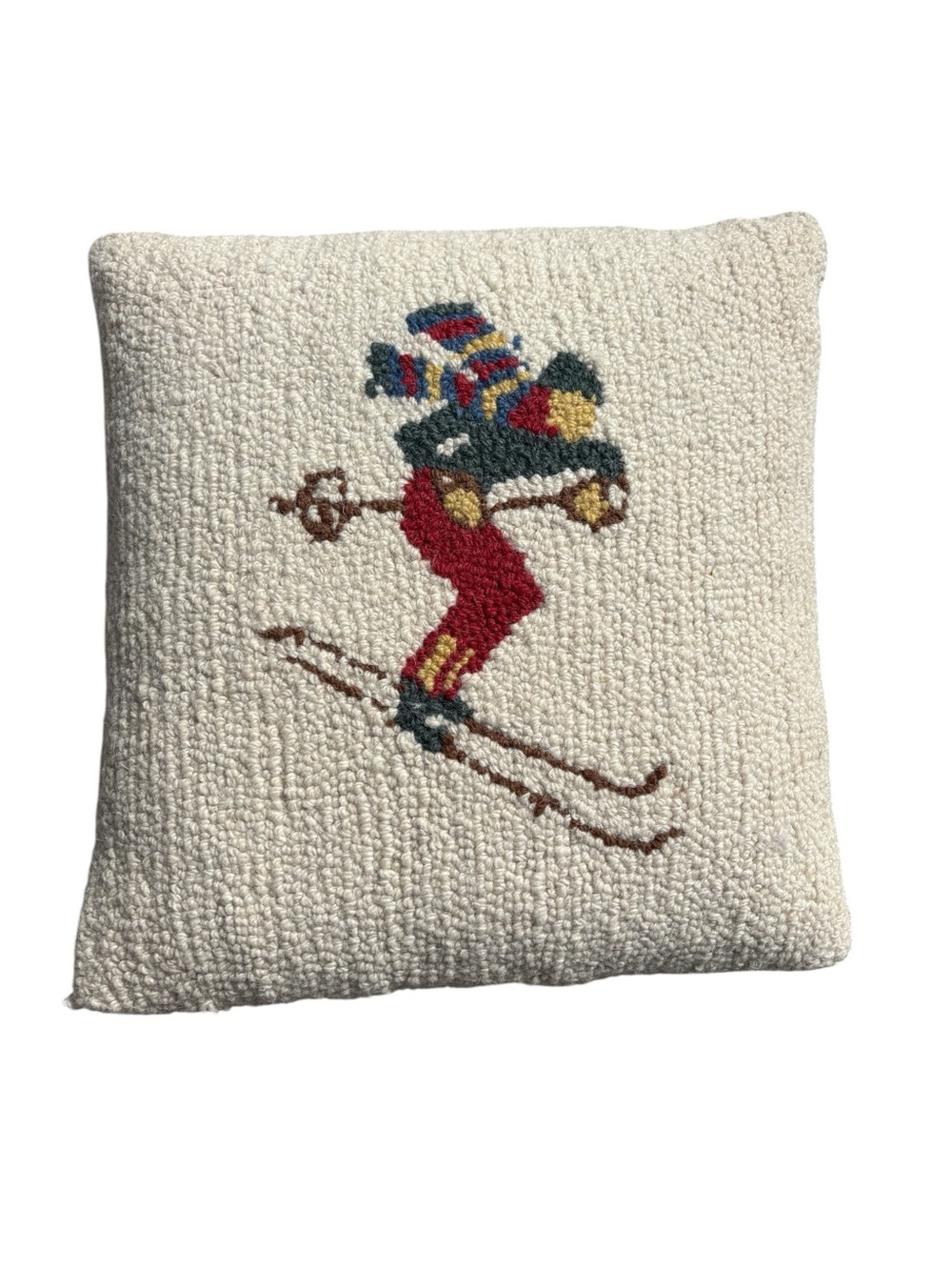 L.L. Bean Wool Hooked Downhill Skier Motif Throw Pillow 15”x16”